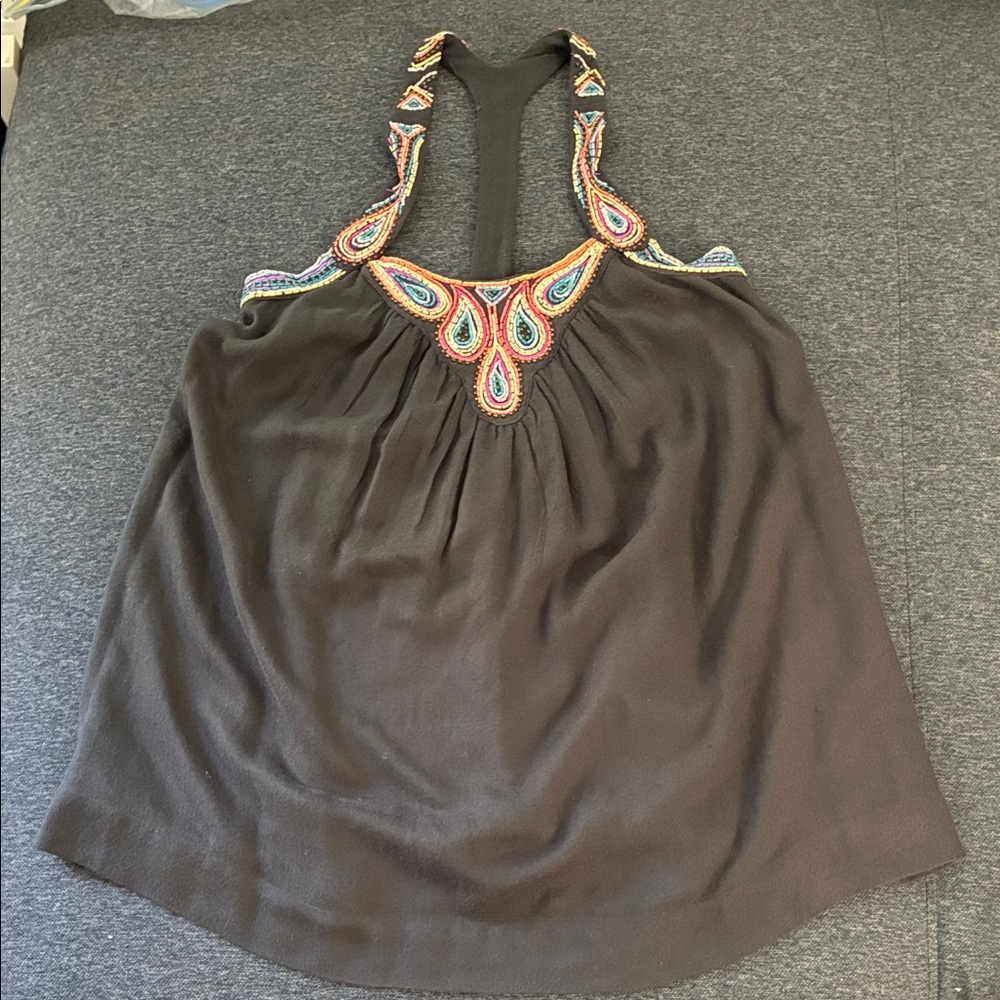 French Connection Black Halter Dress with Colorful Embroidery